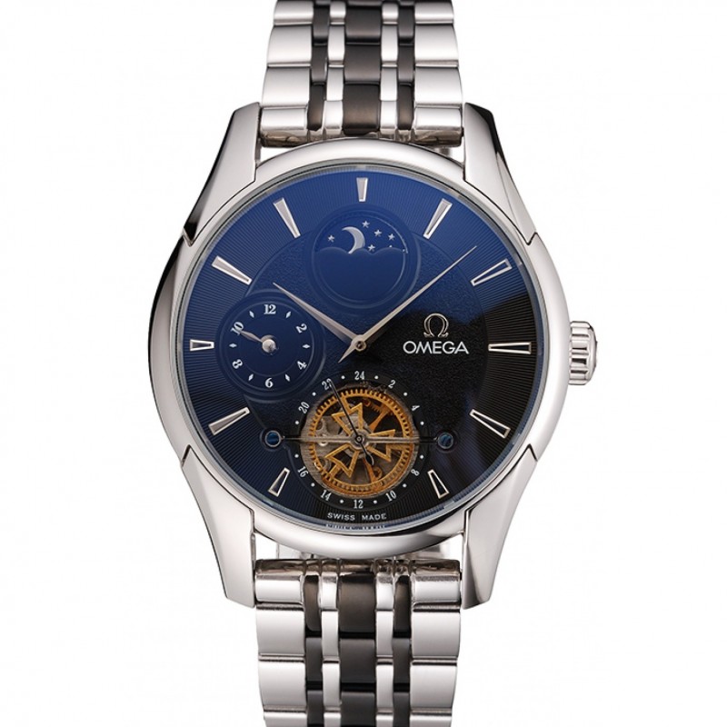 Omega De Ville Moonphase Tourbillon Black Replica Watch, Automatic, Japanese, Polished Steel Case