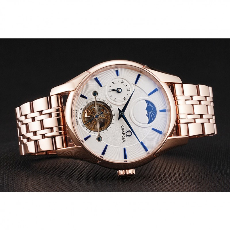 Omega De Ville Moonphase Tourbillon White Replica Watch, Automatic Movement, 18K Rose-Gold Case