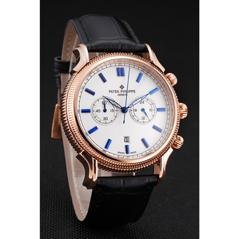 Patek Philippe Complications Quartz Chronograph Watch 52x40mm 18k Rose-Gold Plated Black White Mens