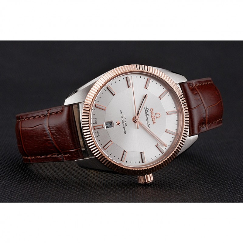 Omega Globemaster Replica Watch, Automatic Kinetic, 18k Rose-Gold Bezel, Brown Leather Strap, Model