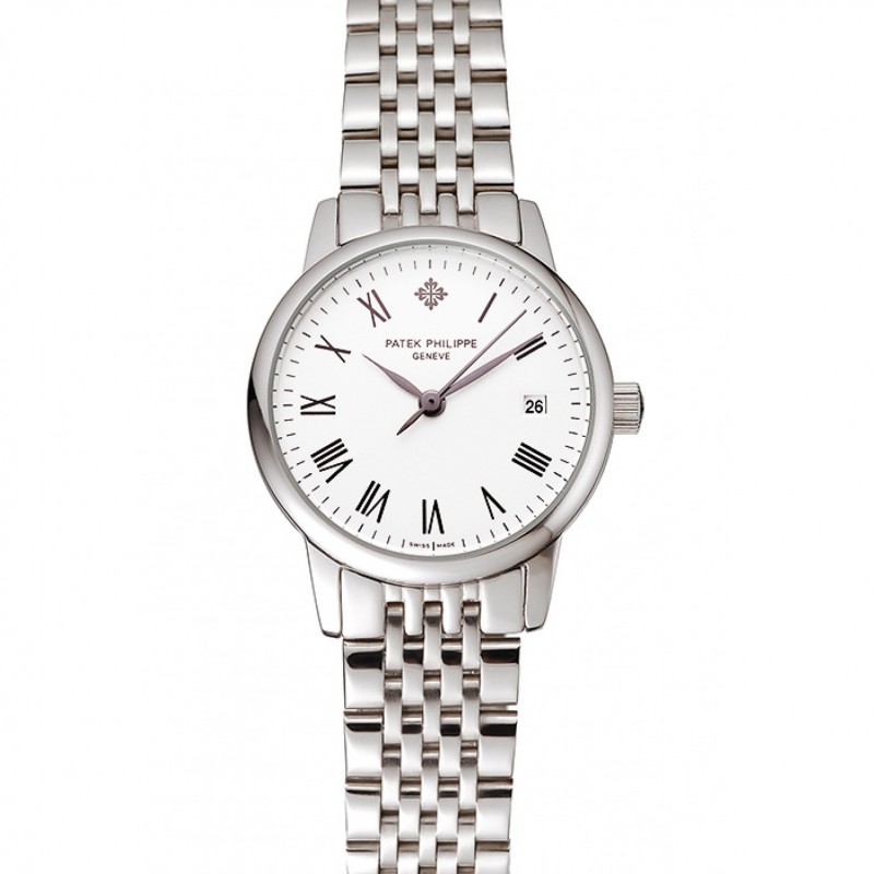 Patek Philippe Calatrava 1453834 Quartz Watch, White Dial, Women's Stainless Steel Butterfly Clasp