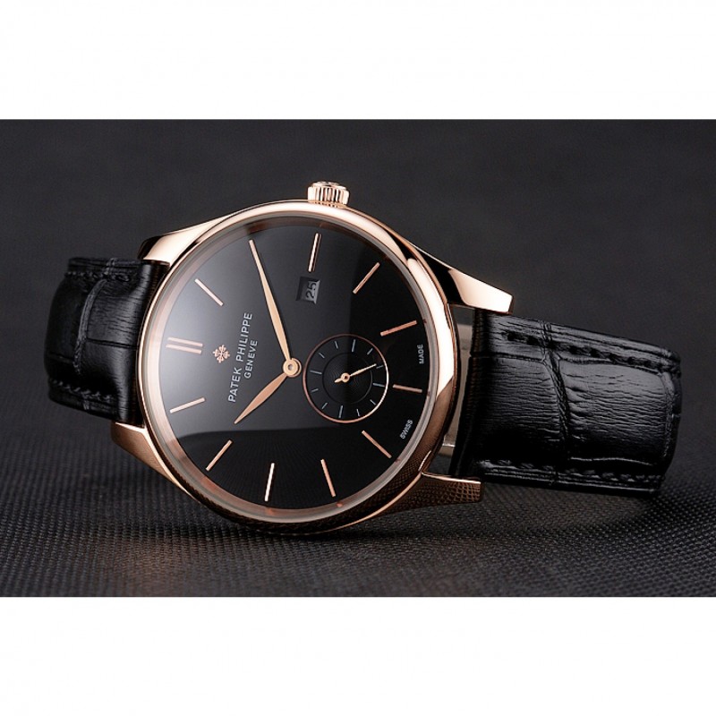 Patek Philippe Calatrava Replica Watch, Quartz Movement, Black Dial, 18K Rose-Gold Case, Model