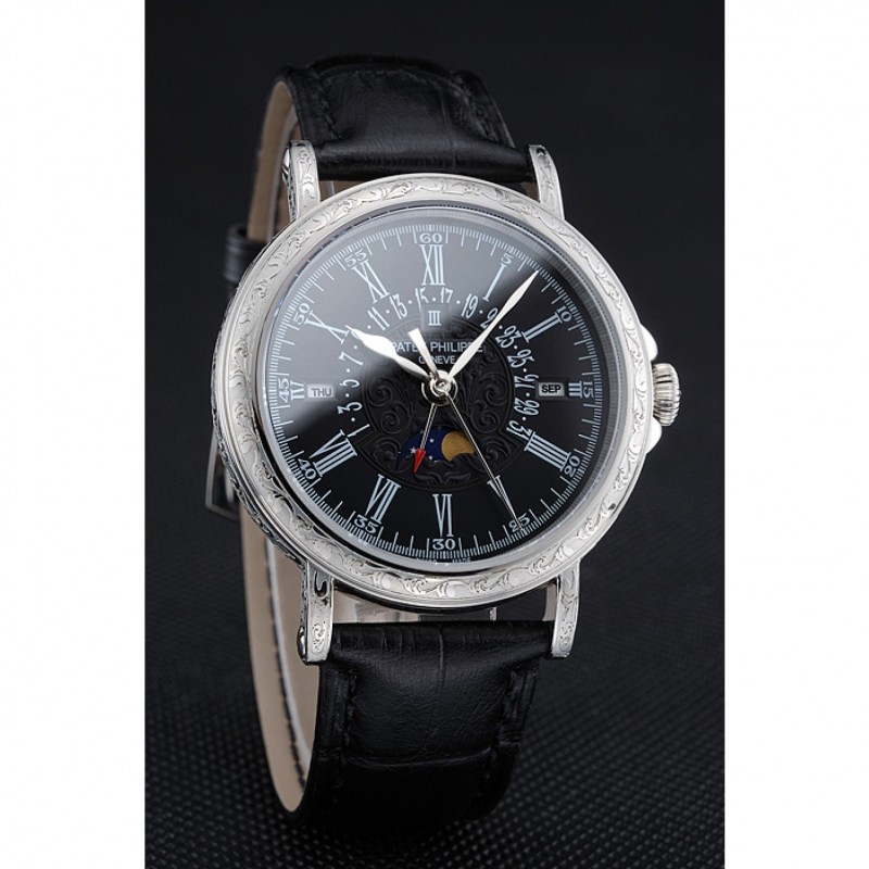 Patek Philippe Perpetual Calendar 1454146 Replica Watch, Japanese Quartz, Black Dial, Stainless
