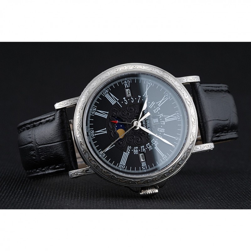 Patek Philippe Perpetual Calendar 1454146 Replica Watch, Japanese Quartz, Black Dial, Stainless