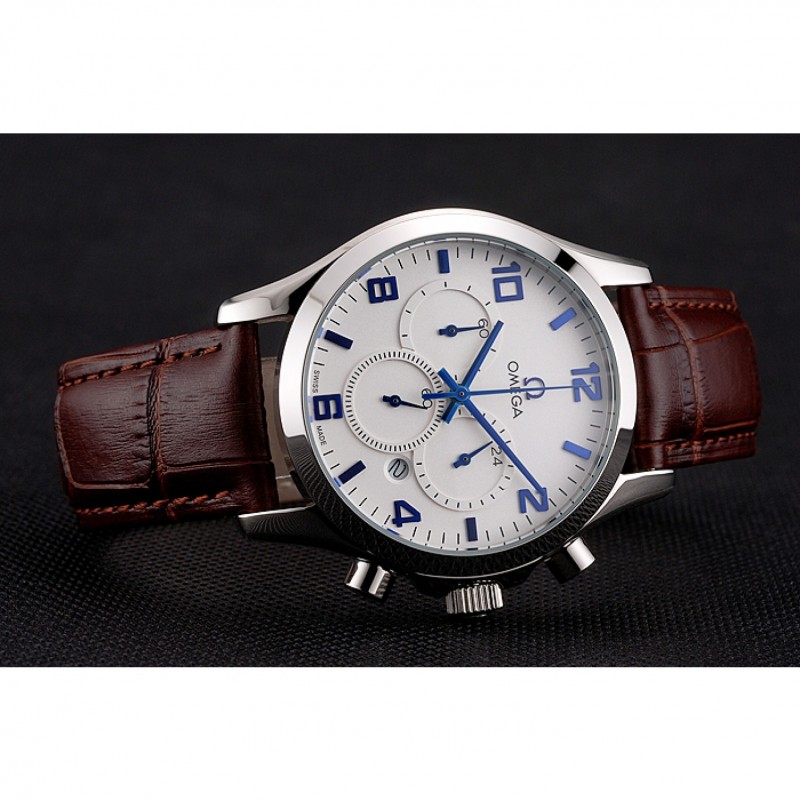 Omega Chronograph - Quartz Battery - Japanese Quality - Polished Stainless Steel - Brown Leather