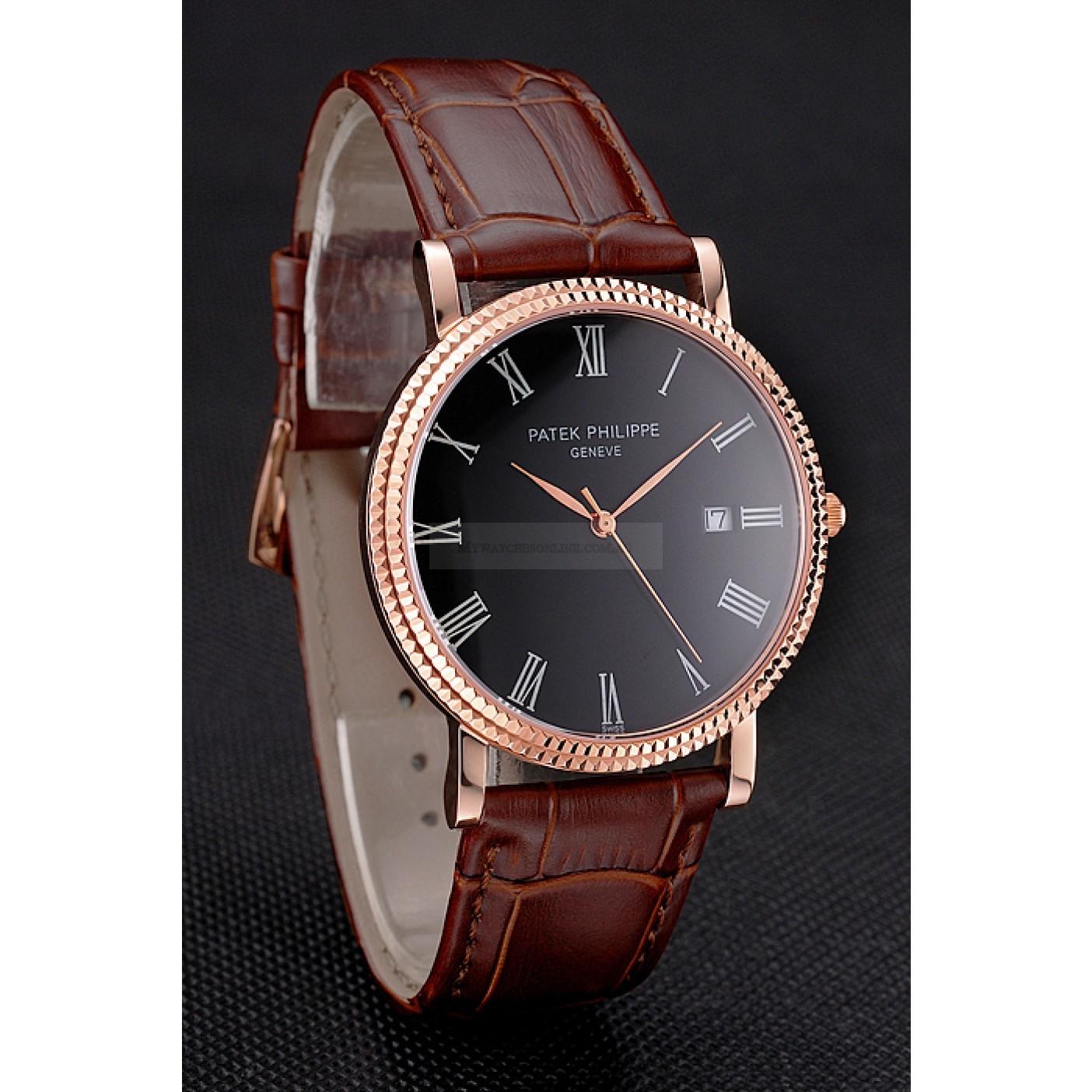 Patek Philippe Calatrava Replica Watch石英机芯，黑面，玫瑰金表壳 15202ST.OO.1240ST.01