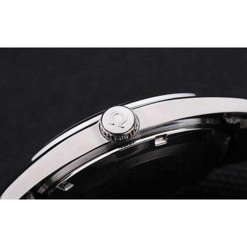 Omega Seamaster OM16 Replica Watch, Quartz Movement, Silver Dial, Brushed Steel Case, White Band