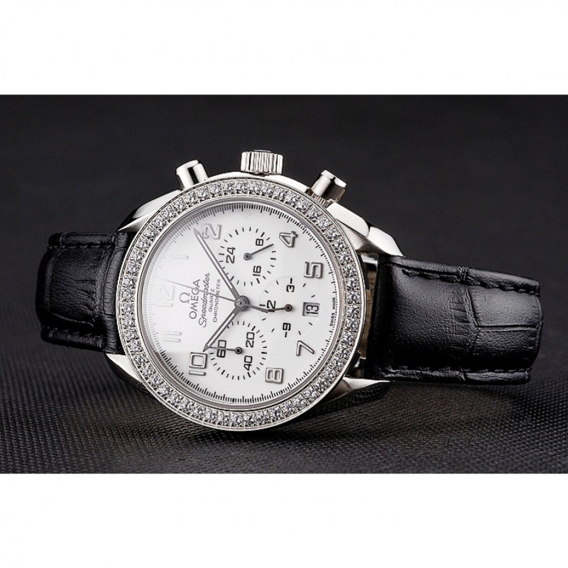 Omega Speedmaster Quartz Watch, 44x37mm, White Dial, Black Leather Strap, Chronograph, Replica Watch