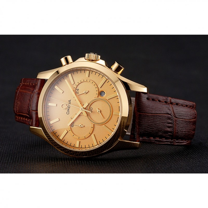 Omega Chronograph Replica Watch - 18k Yellow Gold Plated Case, Brown Crocodile Leather Strap
