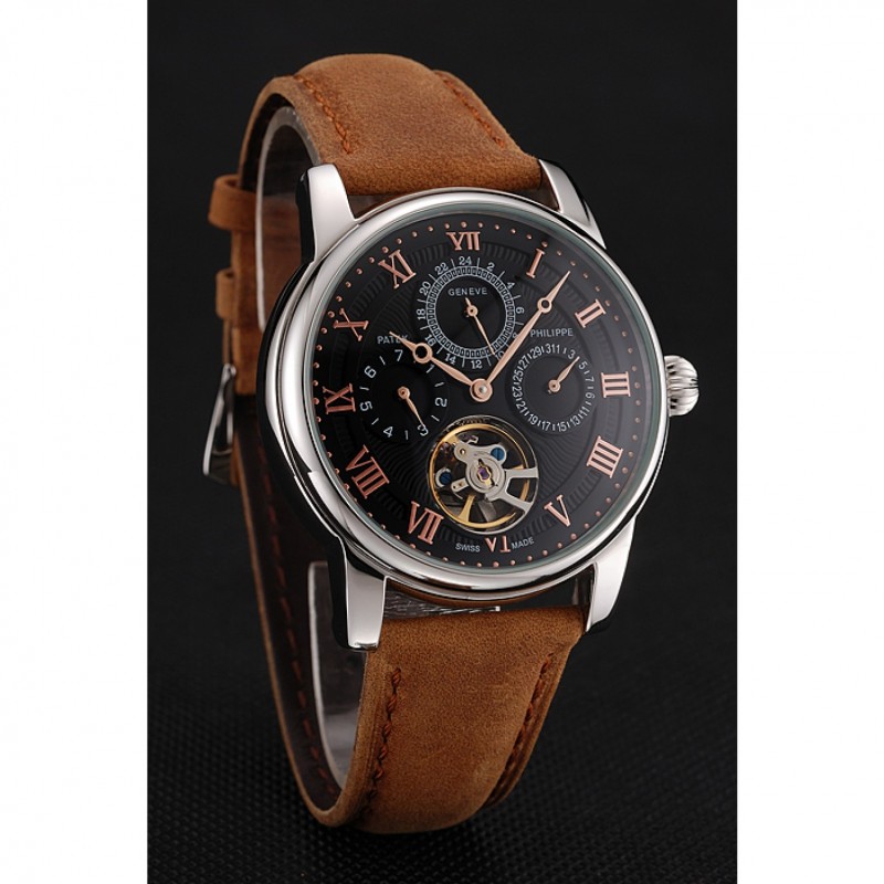 Patek Philippe Grand Complications 1453815 Replica Watch, Automatic Movement, Black Dial, Leather