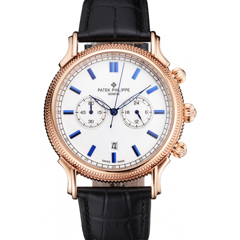 Patek Philippe Complications Quartz Chronograph Watch 52x40mm 18k Rose-Gold Plated Black White Mens