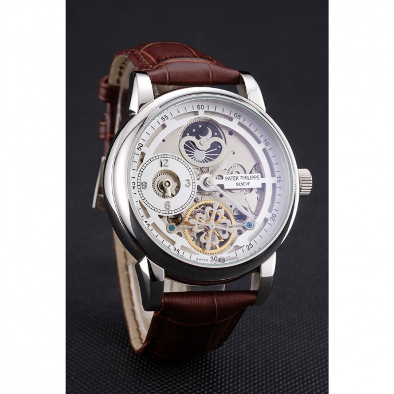 Patek Philippe Dual Time Moonphase Tourbillon Replica Watch, Automatic, Silver Dial