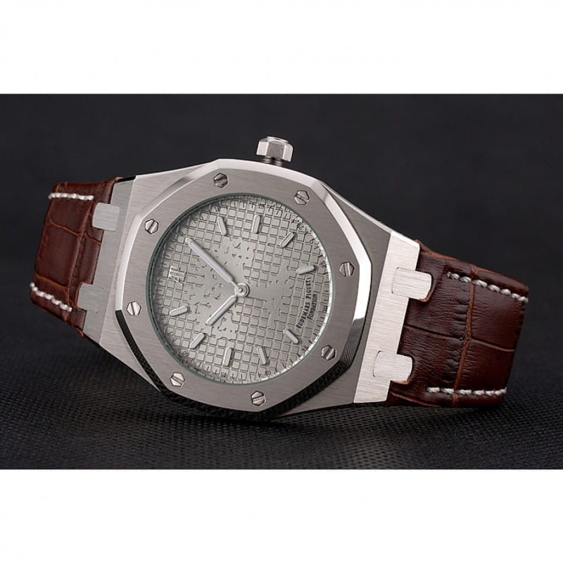 Audemars Piguet Royal Oak Replica Watch, Quartz Movement, Brushed Steel Case, Brown Leather Strap