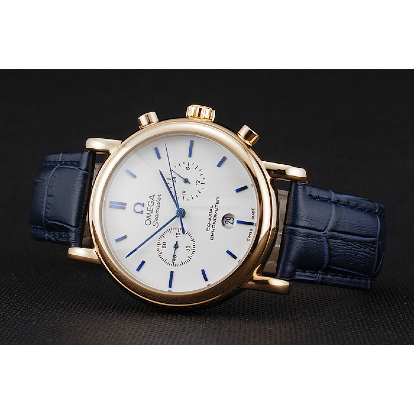 Omega Seamaster Replica Watch, Quartz Movement, 18k Gold Plated Case & Bracelet, White Dial, Blue
