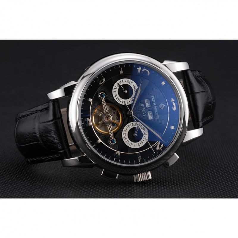 Patek Philippe Perpetual Replica Watch, Automatic Movement, Polished Stainless Steel, Black Dial