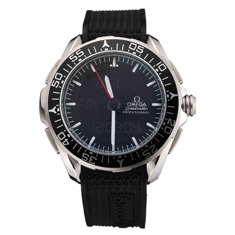 Omega Speedmaster Quartz Chronograph Replica Watch, Black Dial, Brushed Steel Case, Model