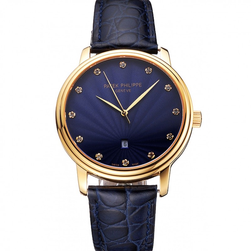 Patek Philippe Calatrava Replica Watch, Quartz, 18k Yellow Gold, Blue Dial, Sapphire Crystal