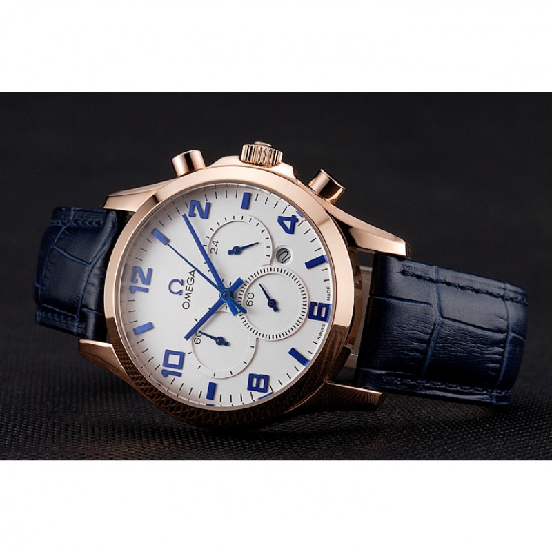 Omega Chronograph 48x39mm | Quartz Battery | 18k Rose-Gold Plated | Blue Crocodile Leather Strap
