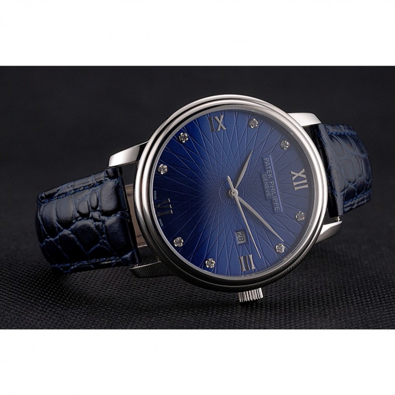 Patek Philippe Calatrava Quartz, Blue Dial, Japanese Movement, Polished SS Case, Blue Croc Strap