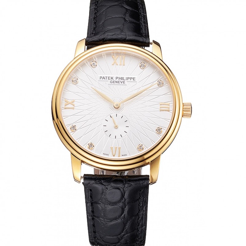 Patek Philippe Calatrava Replica Watch, Quartz Movement, 18k Yellow Gold Plated, Black Leather